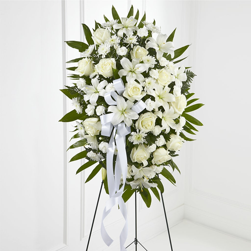 Exquisite Tribute Standing Spray-White Ribbon – Parkside Flowers, Rockwell City IA