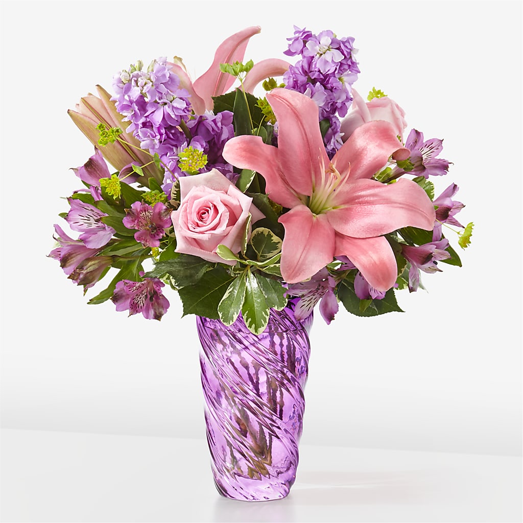 Precious Petals Bouquet with Luxe Swirl Vase – Parkside Flowers, Rockwell City IA