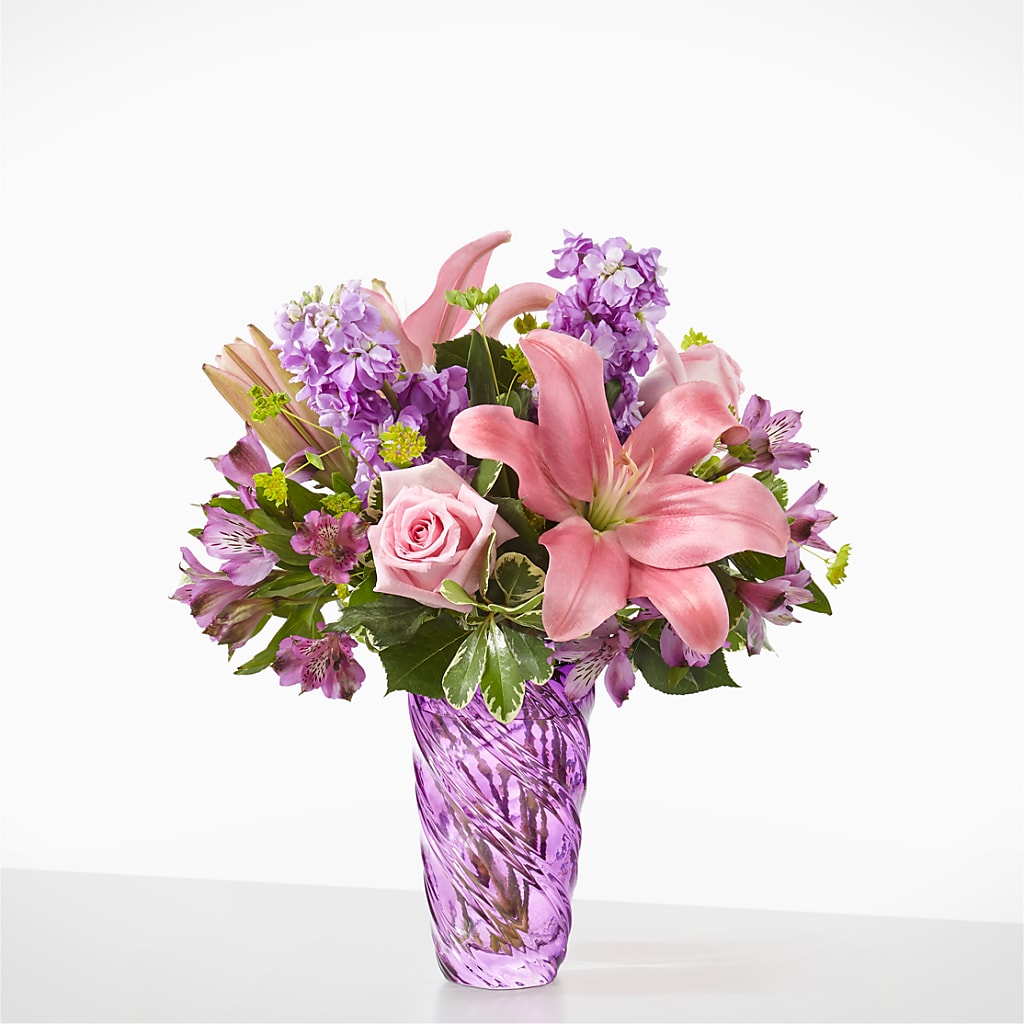 Precious Petals Bouquet with Luxe Swirl Vase – Parkside Flowers, Rockwell City IA